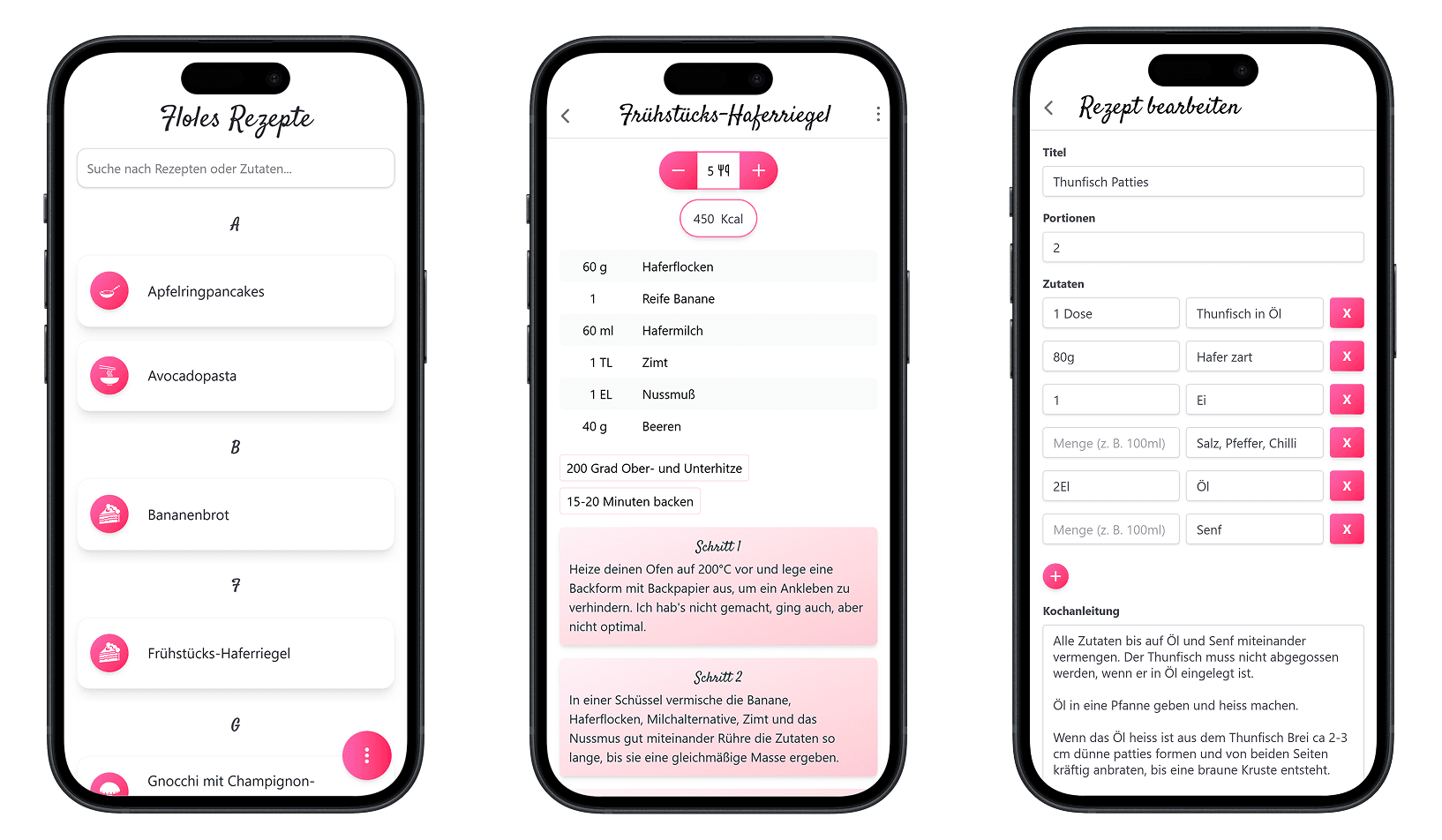 UI der Rezeptplattform mit drei Screenshots auf IPhones